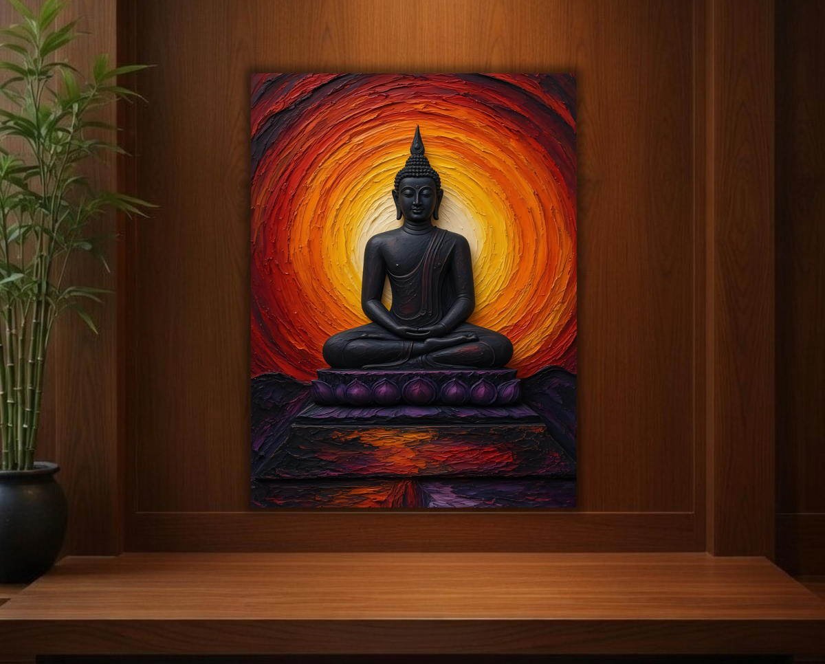 Meditating Buddha in Lotus Pose Canvas Print - Sunset Orange and Red Spiritual Wall Art