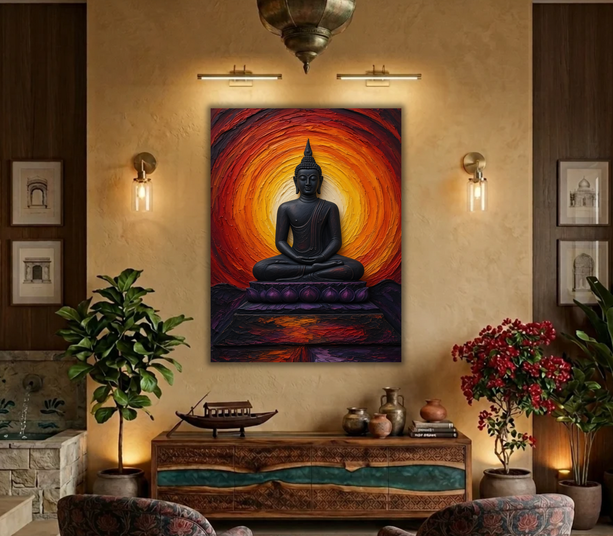 Meditating Buddha in Lotus Pose Canvas Print - Sunset Orange and Red Spiritual Wall Art
