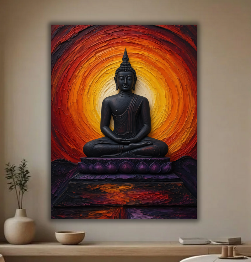 Meditating Buddha in Lotus Pose Canvas Print - Sunset Orange and Red Spiritual Wall Art