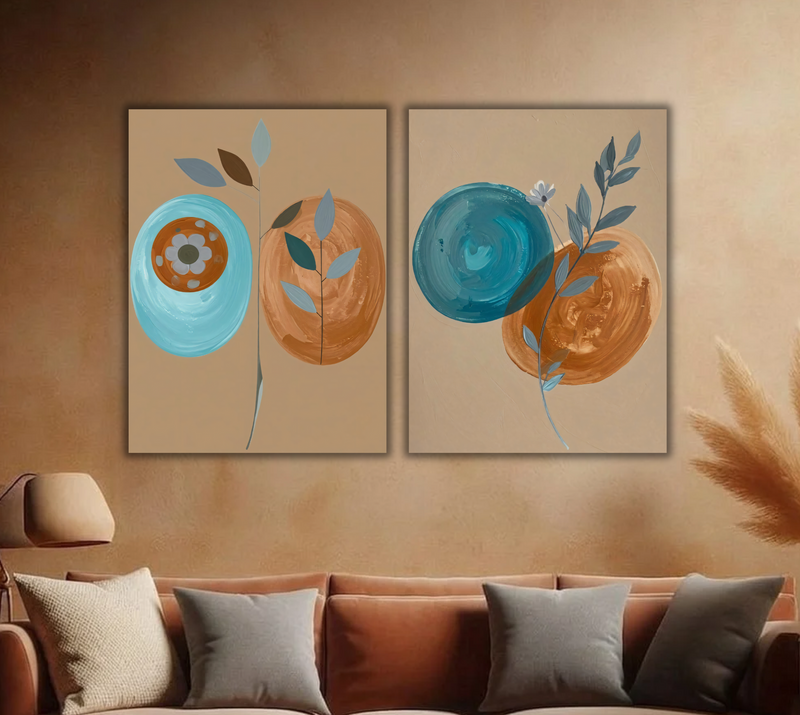 Modern Abstract Botanical Set of 2 Canvas Prints - Turquoise and Ochre Wall Art