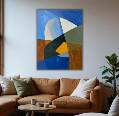 Modern Abstract Color Block Geometric Canvas Print - Blue, Mustard & Earth Tone Wall Art