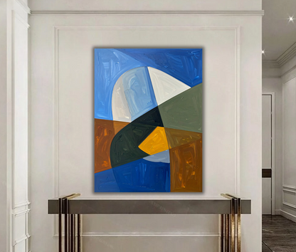 Modern Abstract Color Block Geometric Canvas Print - Blue, Mustard & Earth Tone Wall Art