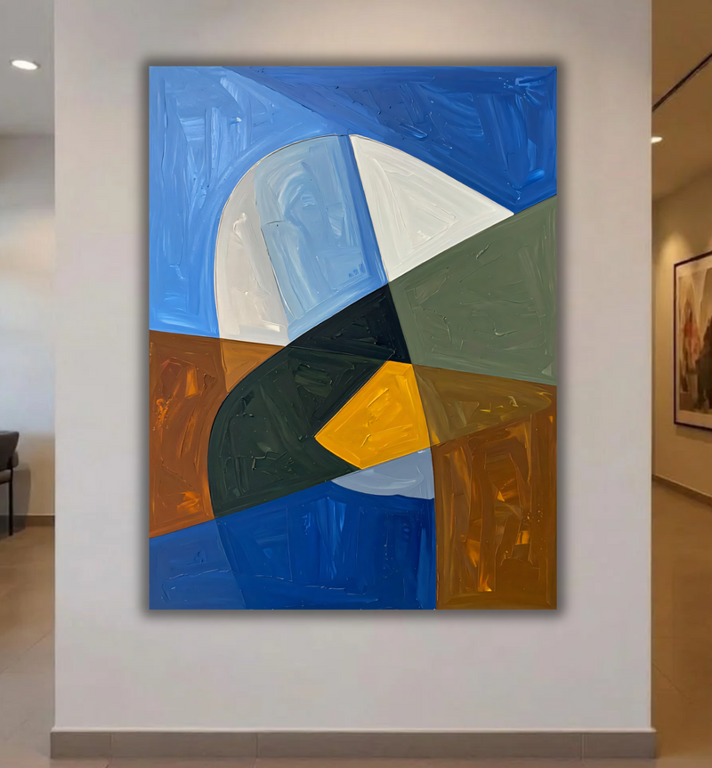 Modern Abstract Color Block Geometric Canvas Print - Blue, Mustard & Earth Tone Wall Art
