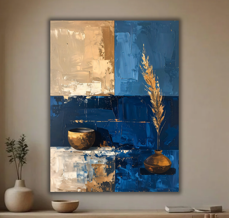 Modern Still Life Canvas Print - Navy Blue, Gold and Beige Impasto Wall Art
