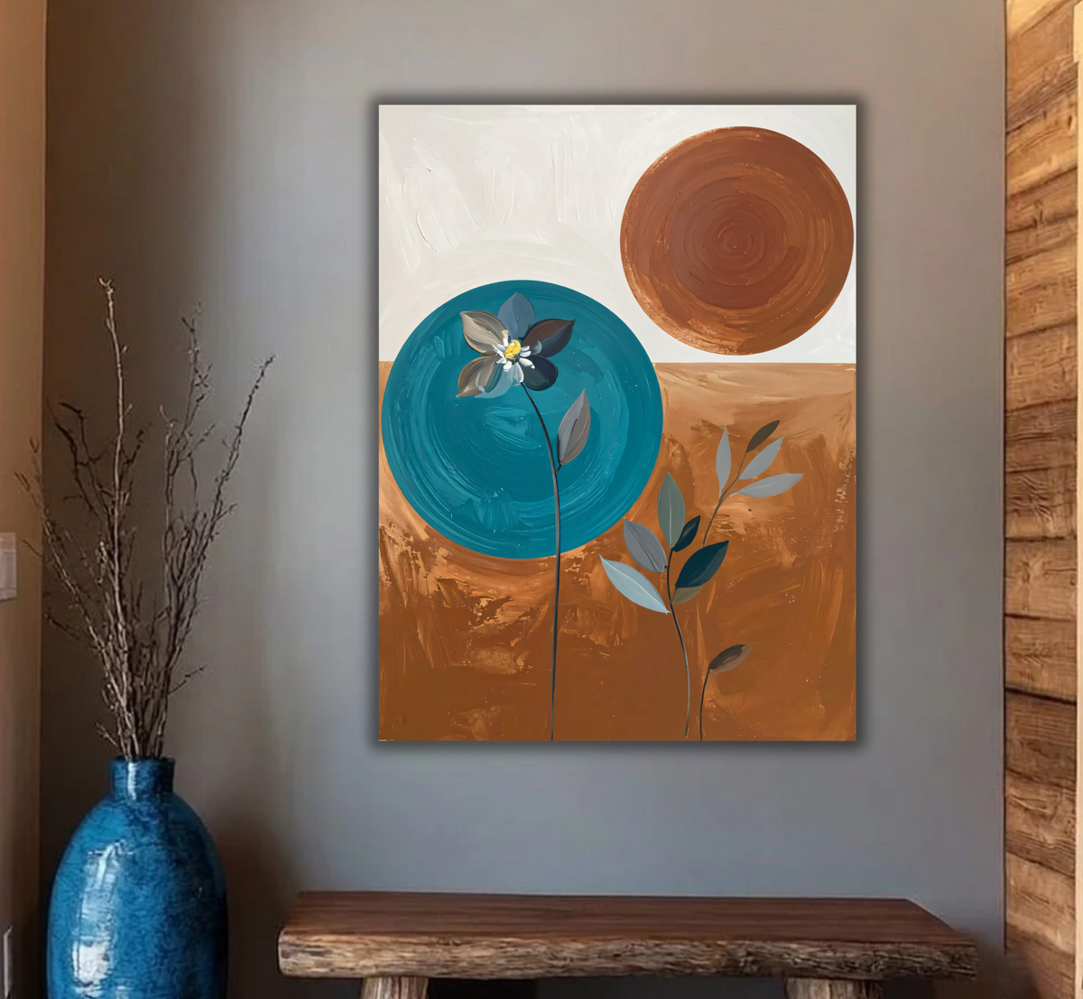 Modern Abstract Botanical Canvas Print - Teal, Terracotta & Ochre Wall Art