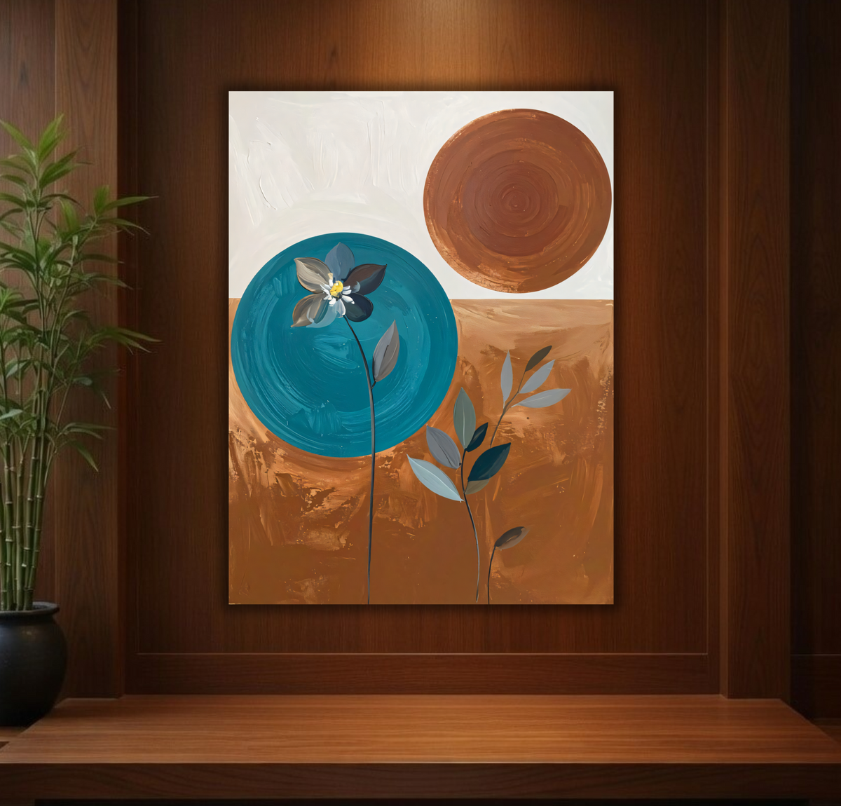 Modern Abstract Botanical Canvas Print - Teal, Terracotta & Ochre Wall Art