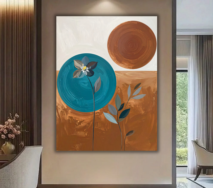 Modern Abstract Botanical Canvas Print - Teal, Terracotta & Ochre Wall Art