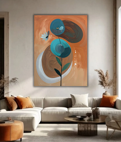 Modern Abstract Botanical Canvas Print - Teal, Turquoise & Terracotta Wall Art