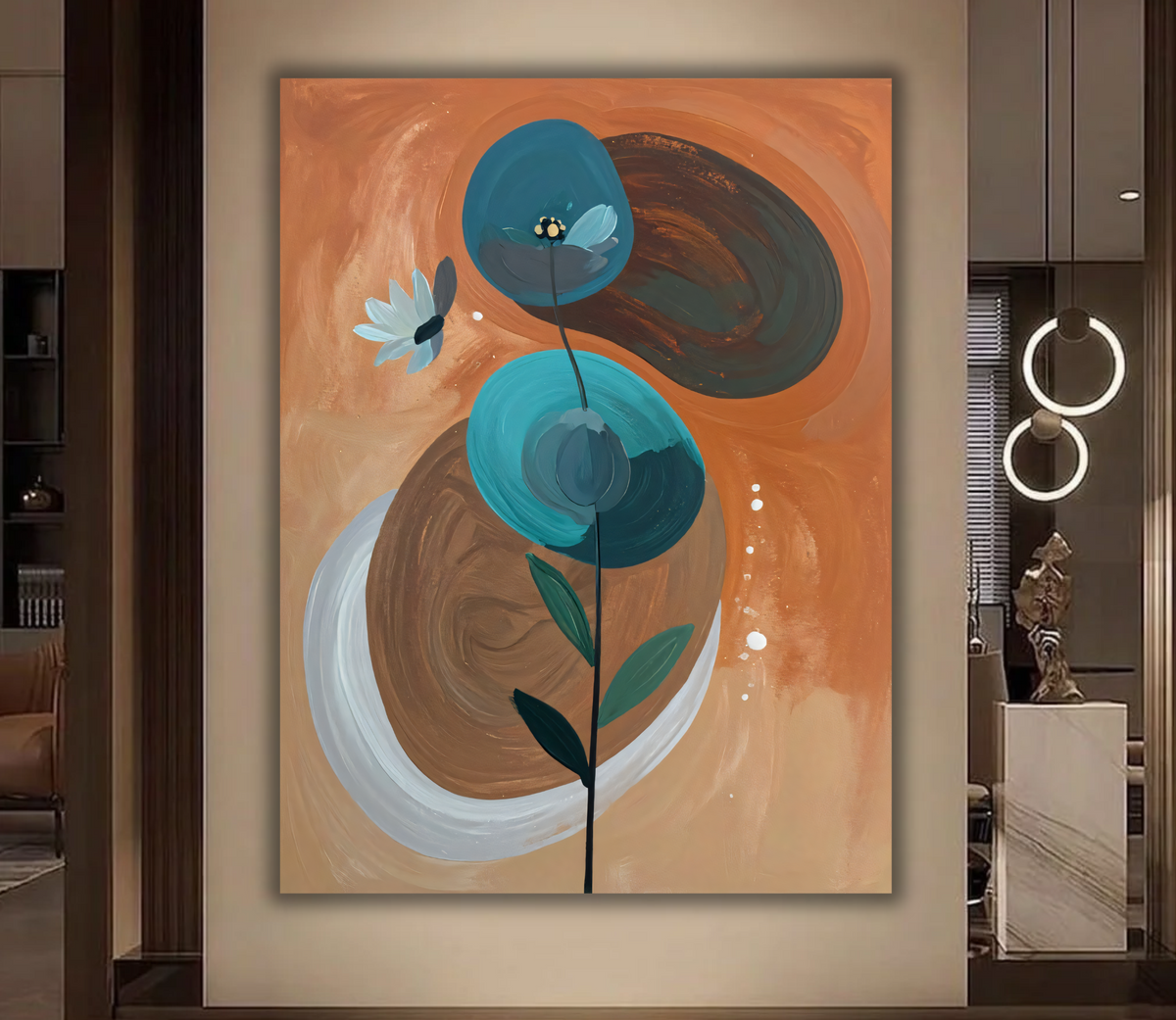 Modern Abstract Botanical Canvas Print - Teal, Turquoise & Terracotta Wall Art