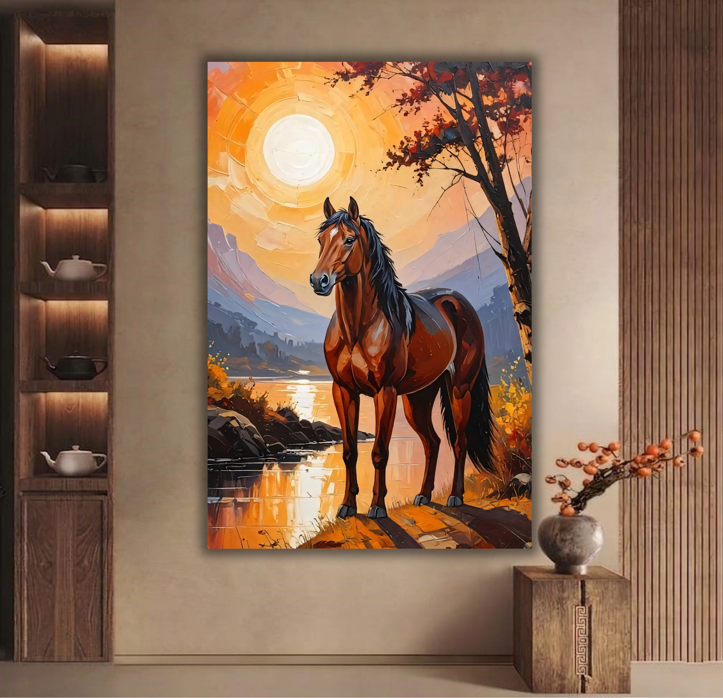 Golden Horizon: Majestic Stallion at Sunset Canvas Ar