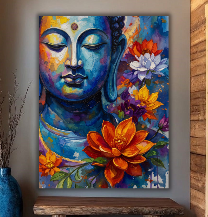 Serene Awakening: Blue Buddha & Radiant Lotus Canvas Art