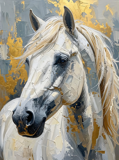 Golden Spirit: Textured White Stallion Canvas Art