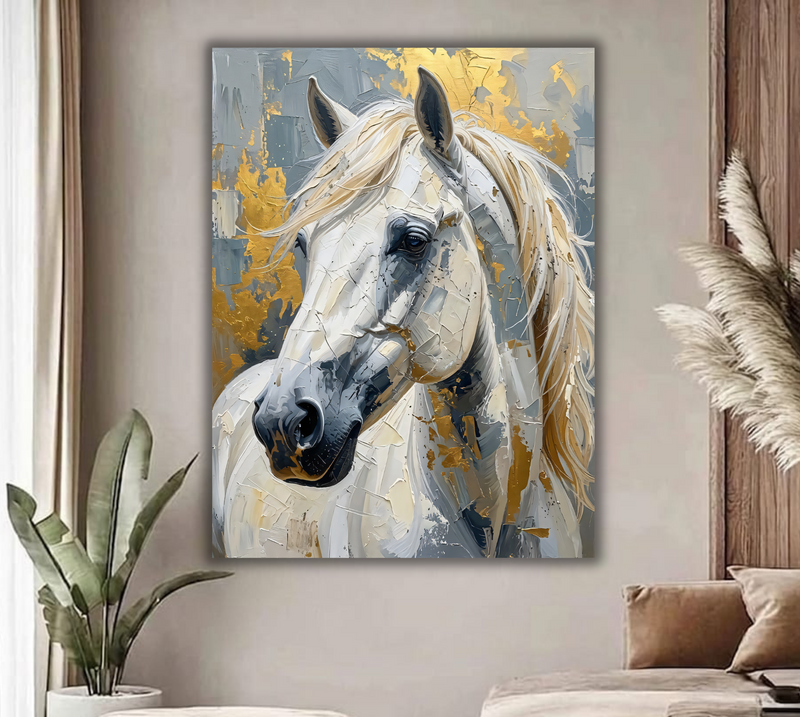 Golden Spirit: Textured White Stallion Canvas Art