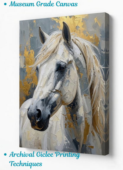 Golden Spirit: Textured White Stallion Canvas Art