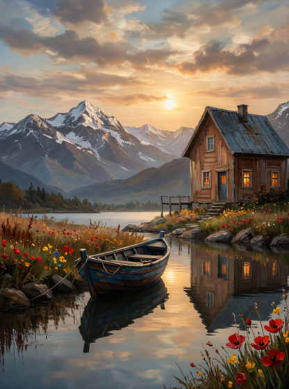 Alpine Serenity: Lakeside Cabin and Rowboat Sunset Canvas Art