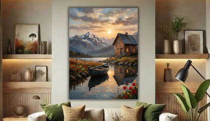Alpine Serenity: Lakeside Cabin and Rowboat Sunset Canvas Art