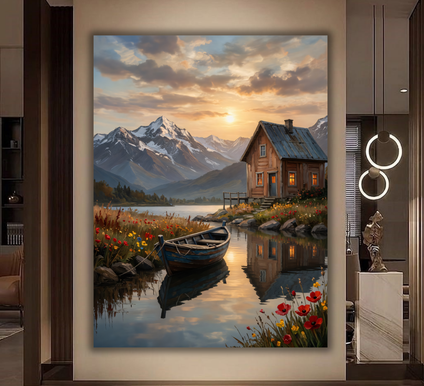 Alpine Serenity: Lakeside Cabin and Rowboat Sunset Canvas Art