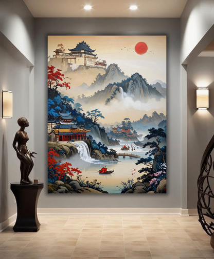 Mystic Valleys: Traditional East Asian Mountain Landscape Canvas Art