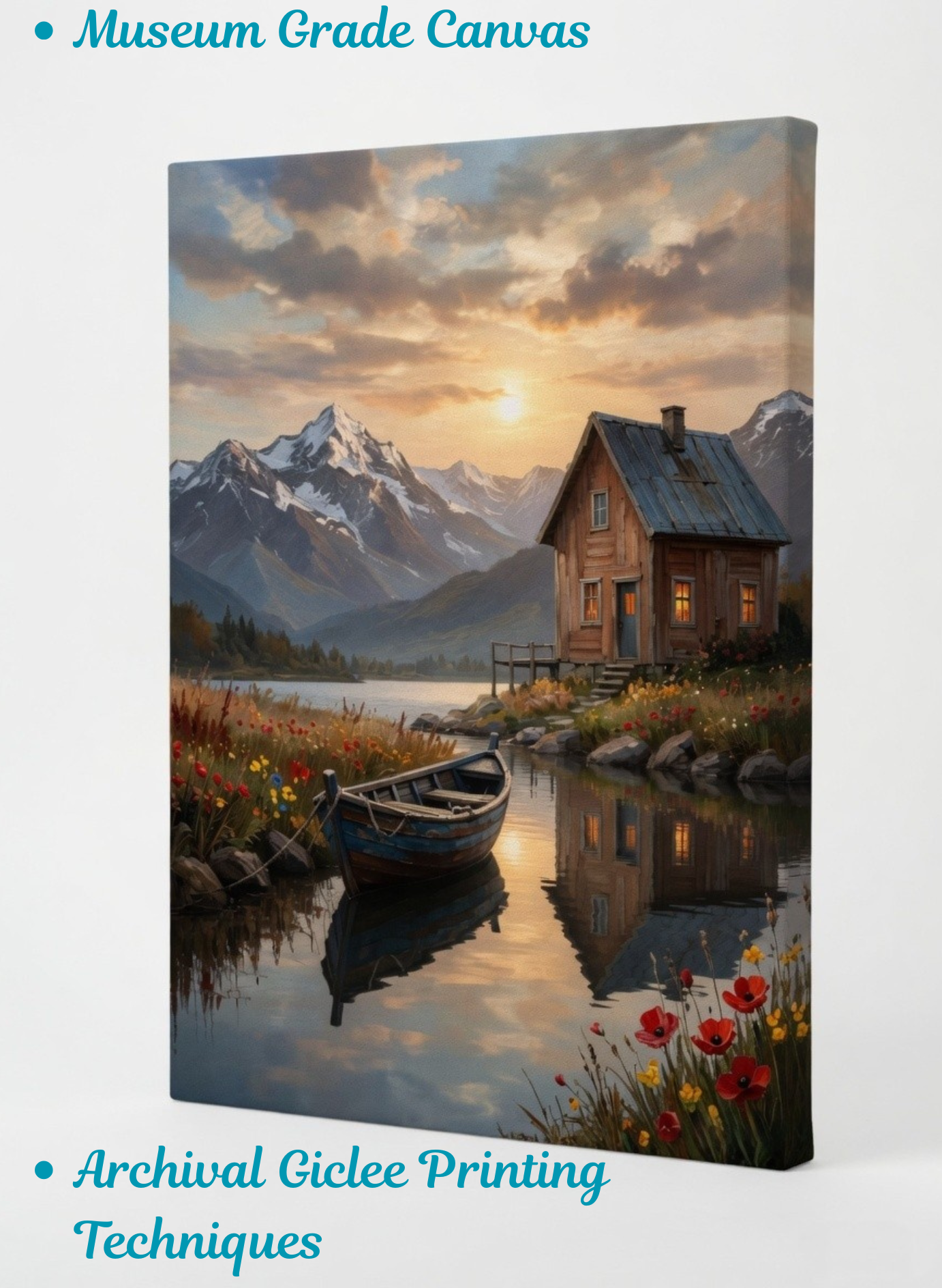 Alpine Serenity: Lakeside Cabin and Rowboat Sunset Canvas Art