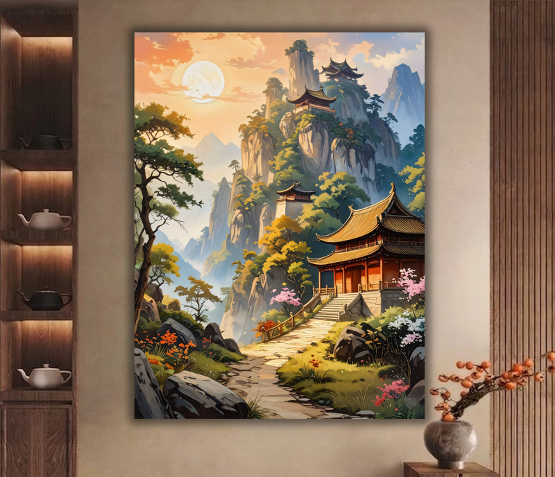 Golden Sanctuary: Sacred Mountain Pagoda Canvas Art