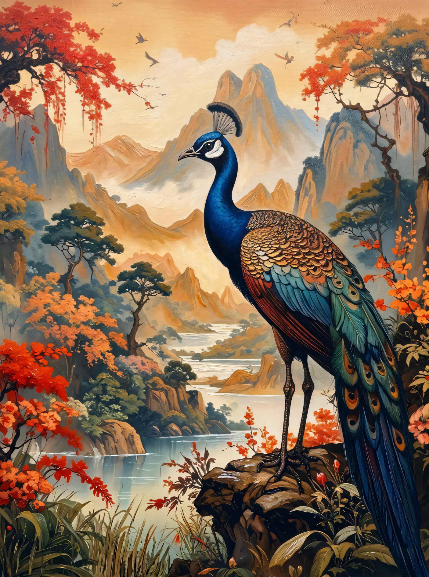 Imperial Splendor: Traditional Shanshui Peacock Canvas Art