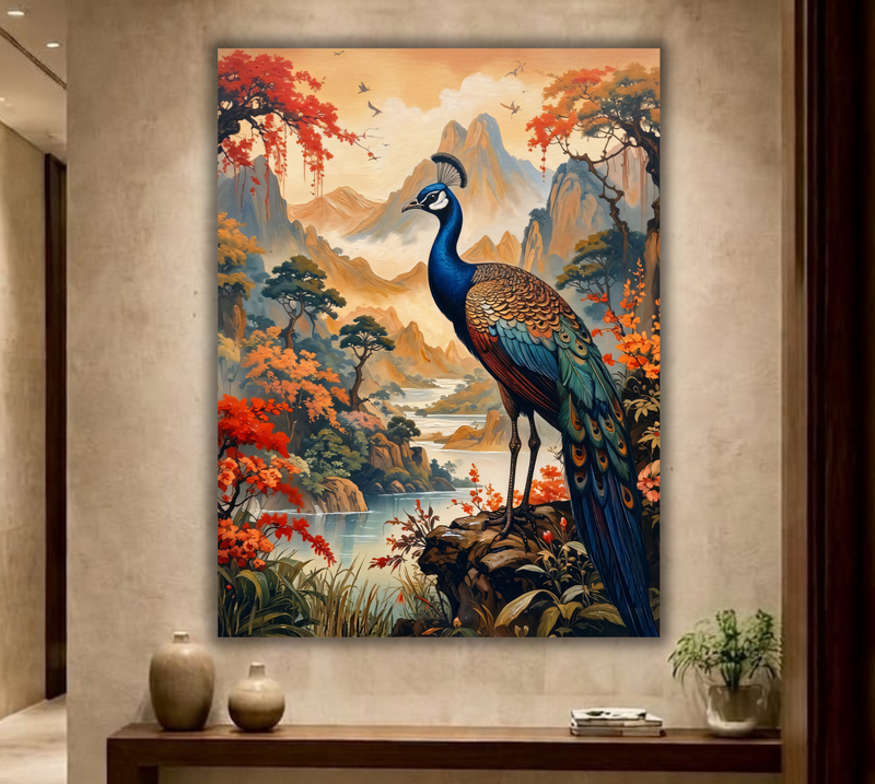 Imperial Splendor: Traditional Shanshui Peacock Canvas Art