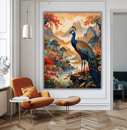 Imperial Splendor: Traditional Shanshui Peacock Canvas Art