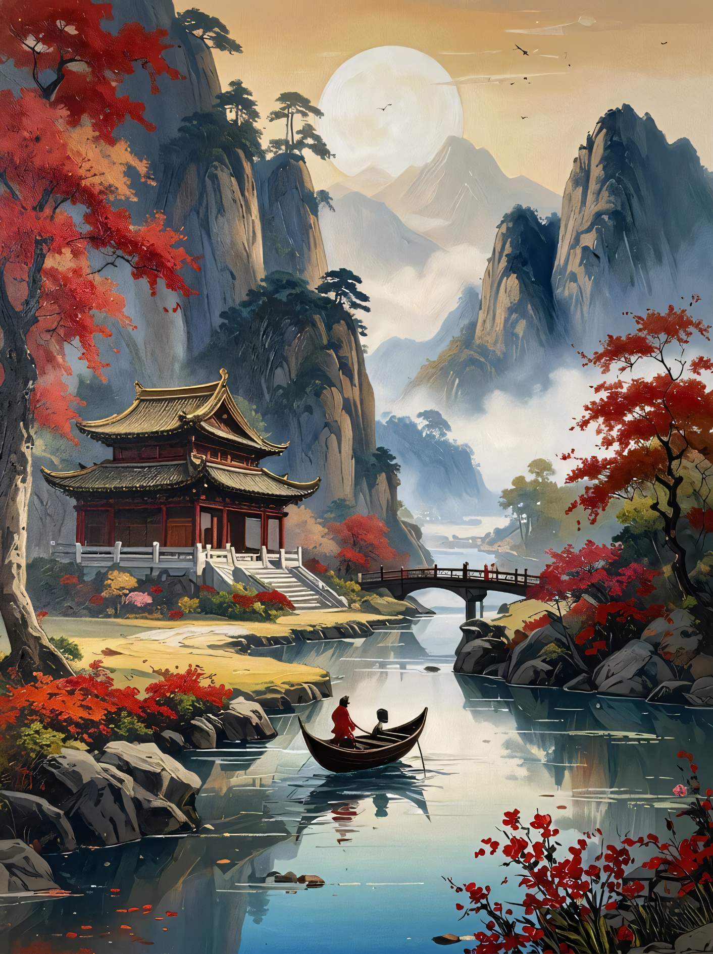 Autumn Harmony: Traditional Asian Lakeside Pavilion Canvas Art