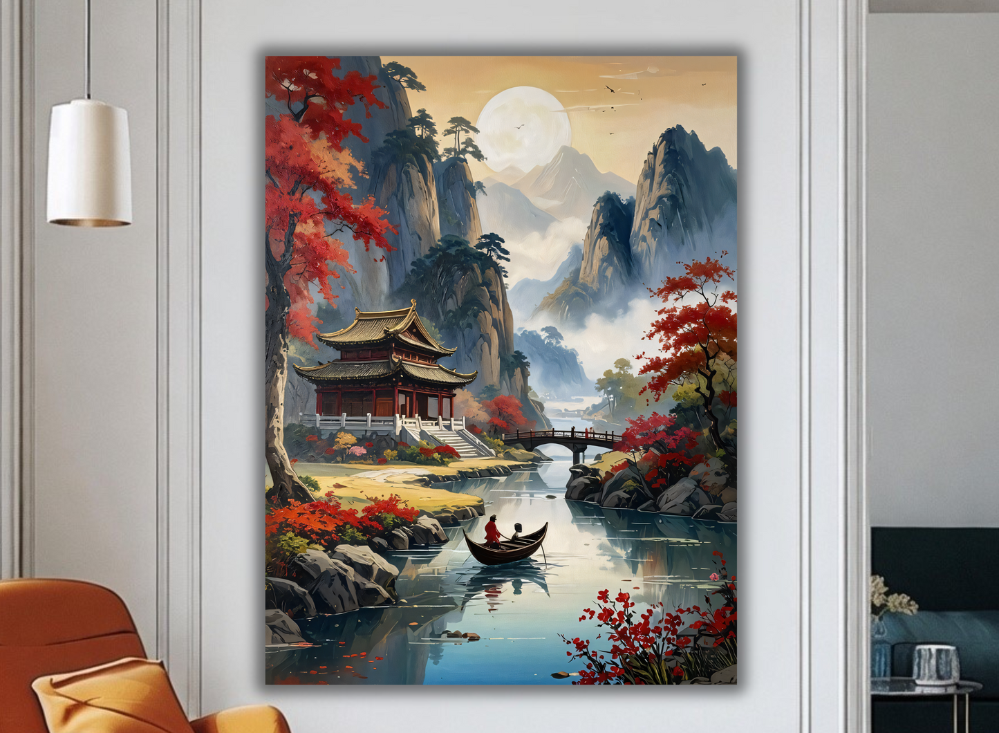 Autumn Harmony: Traditional Asian Lakeside Pavilion Canvas Art