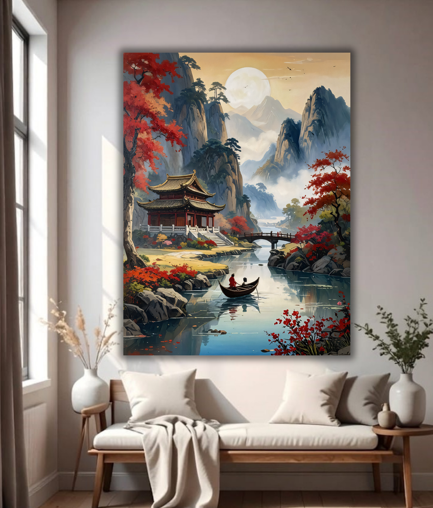 Autumn Harmony: Traditional Asian Lakeside Pavilion Canvas Art