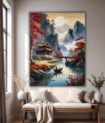 Autumn Harmony: Traditional Asian Lakeside Pavilion Canvas Art
