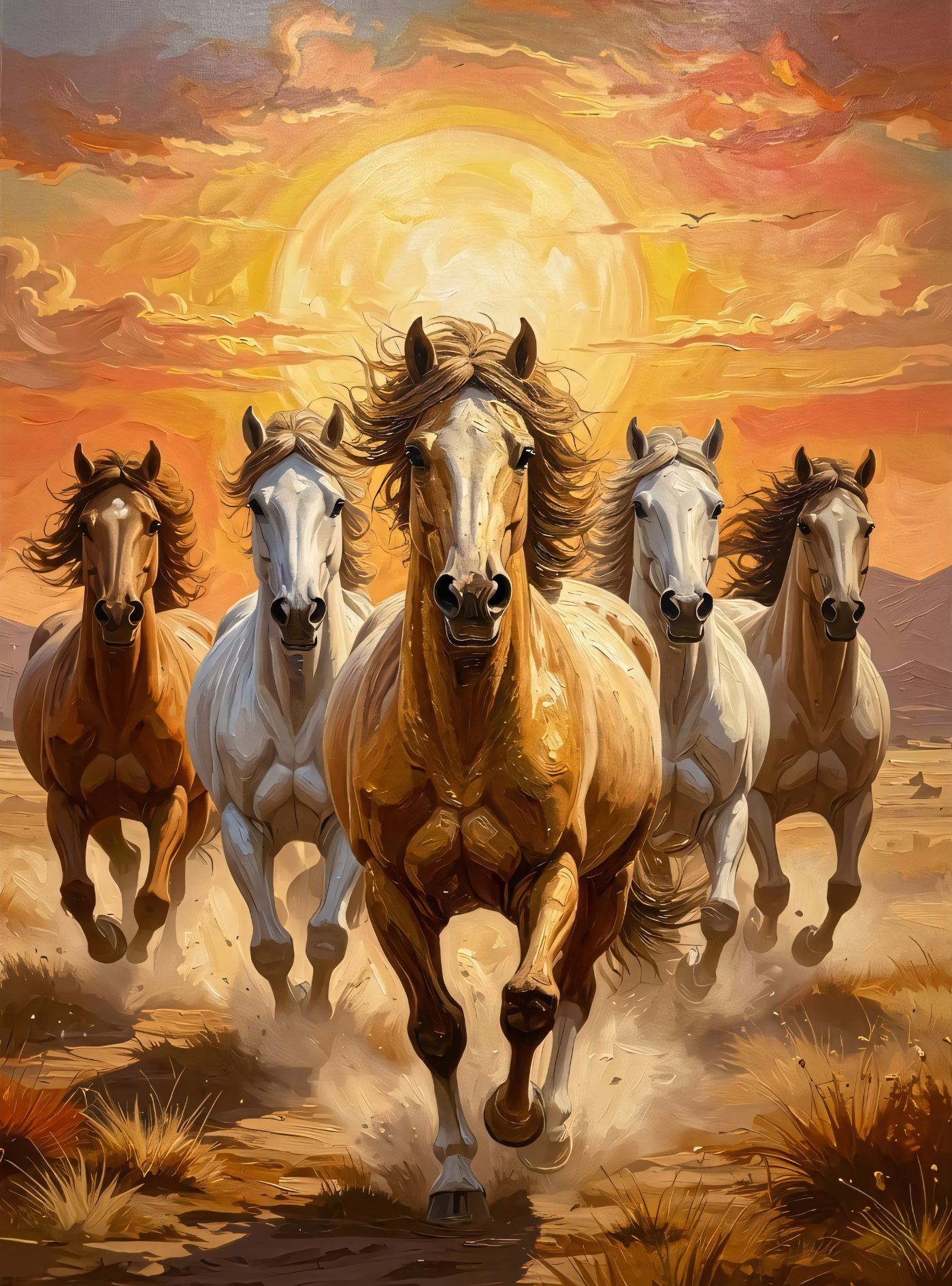 Majestic Golden Galloping Wild Horses Canvas Art