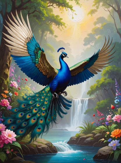 Celestial Flight: Majestic Flying Peacock Canvas Art