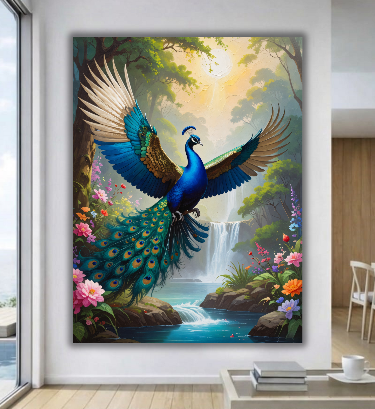 Celestial Flight: Majestic Flying Peacock Canvas Art