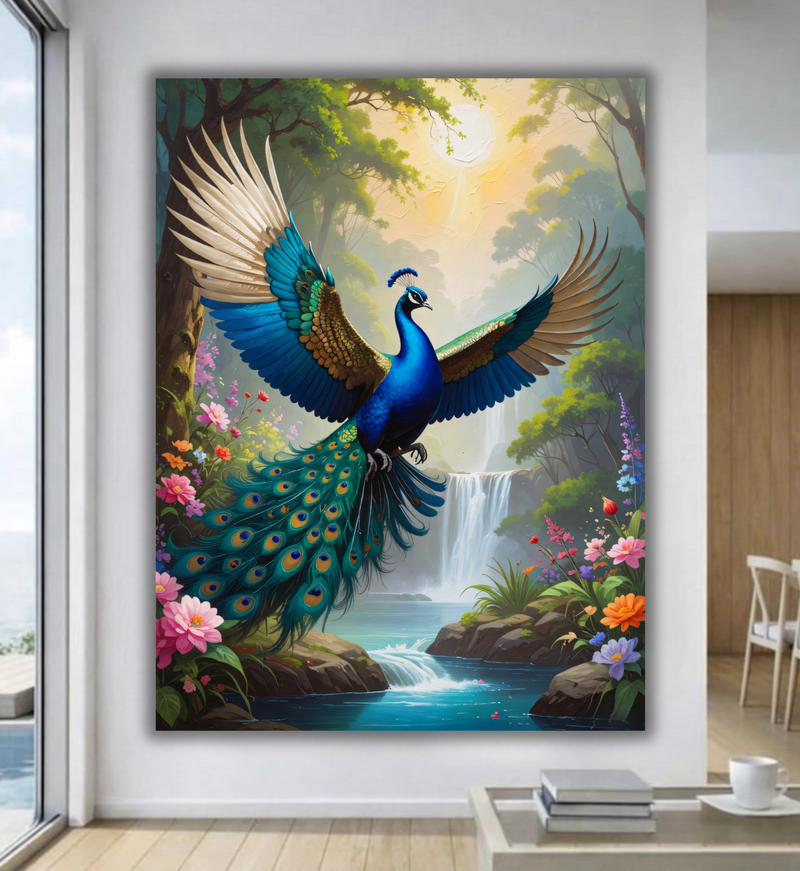 Celestial Flight: Majestic Flying Peacock Canvas Art