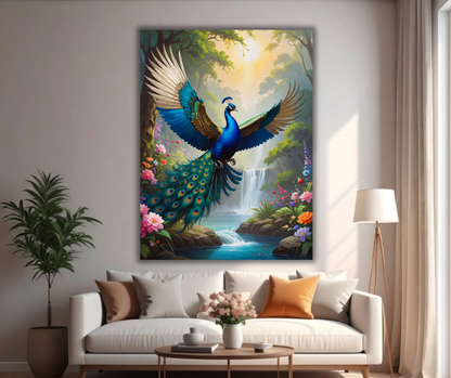 Celestial Flight: Majestic Flying Peacock Canvas Art
