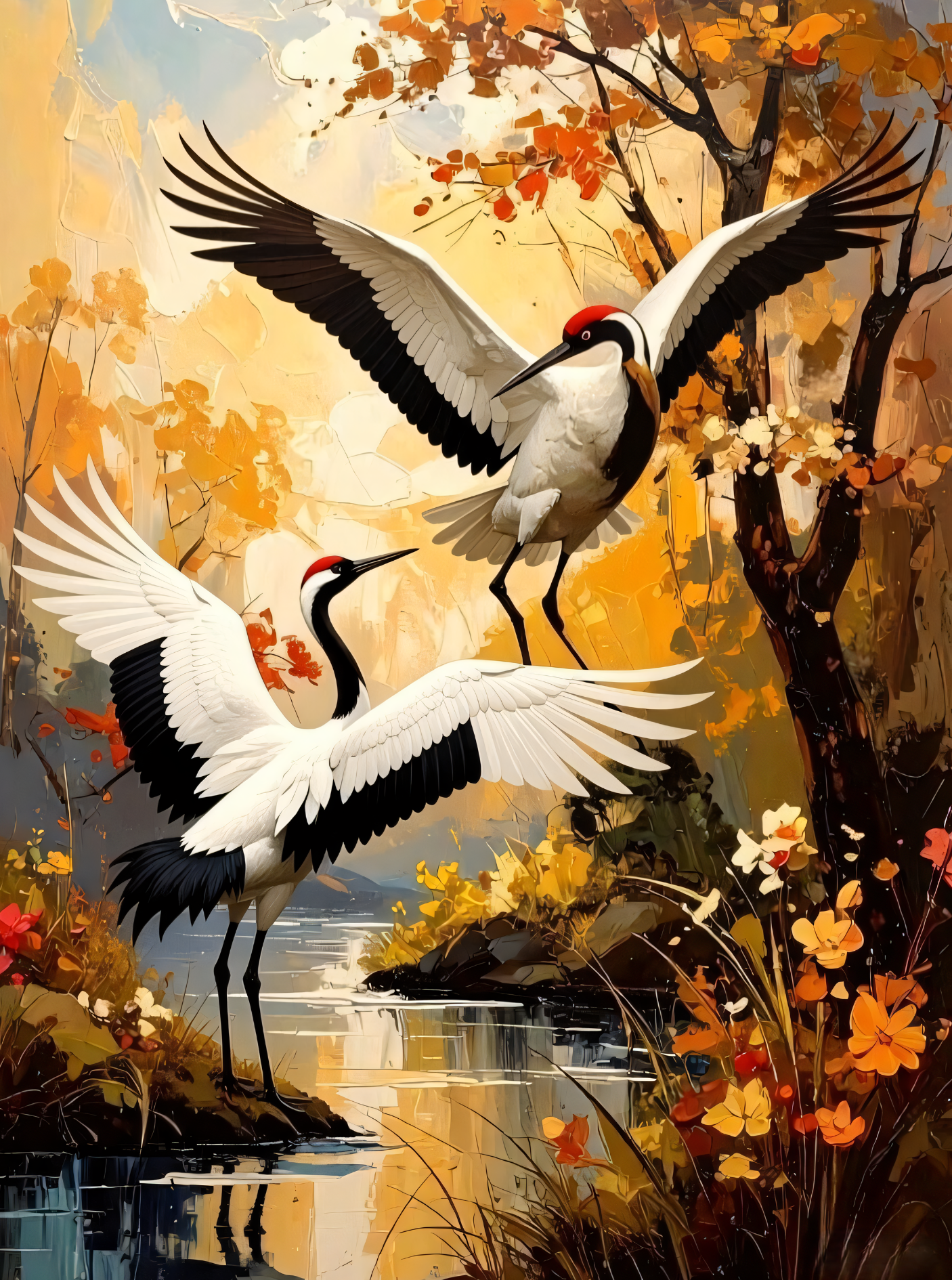 Autumn Dance: Red-Crowned Cranes Japanese Heritage Canvas Art
