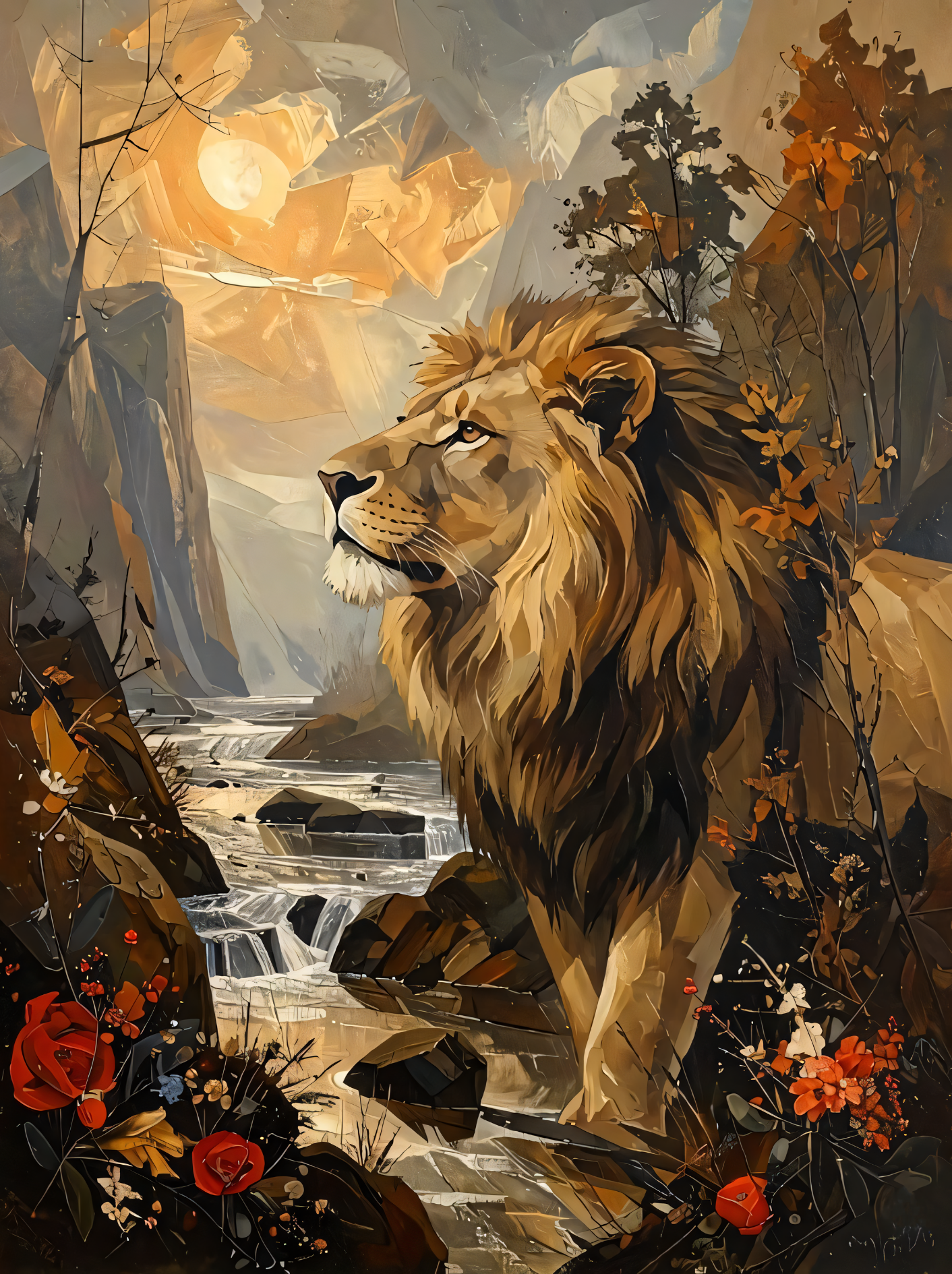 Majestic Sovereign: Abstract Palette Knife Lion Canvas Art