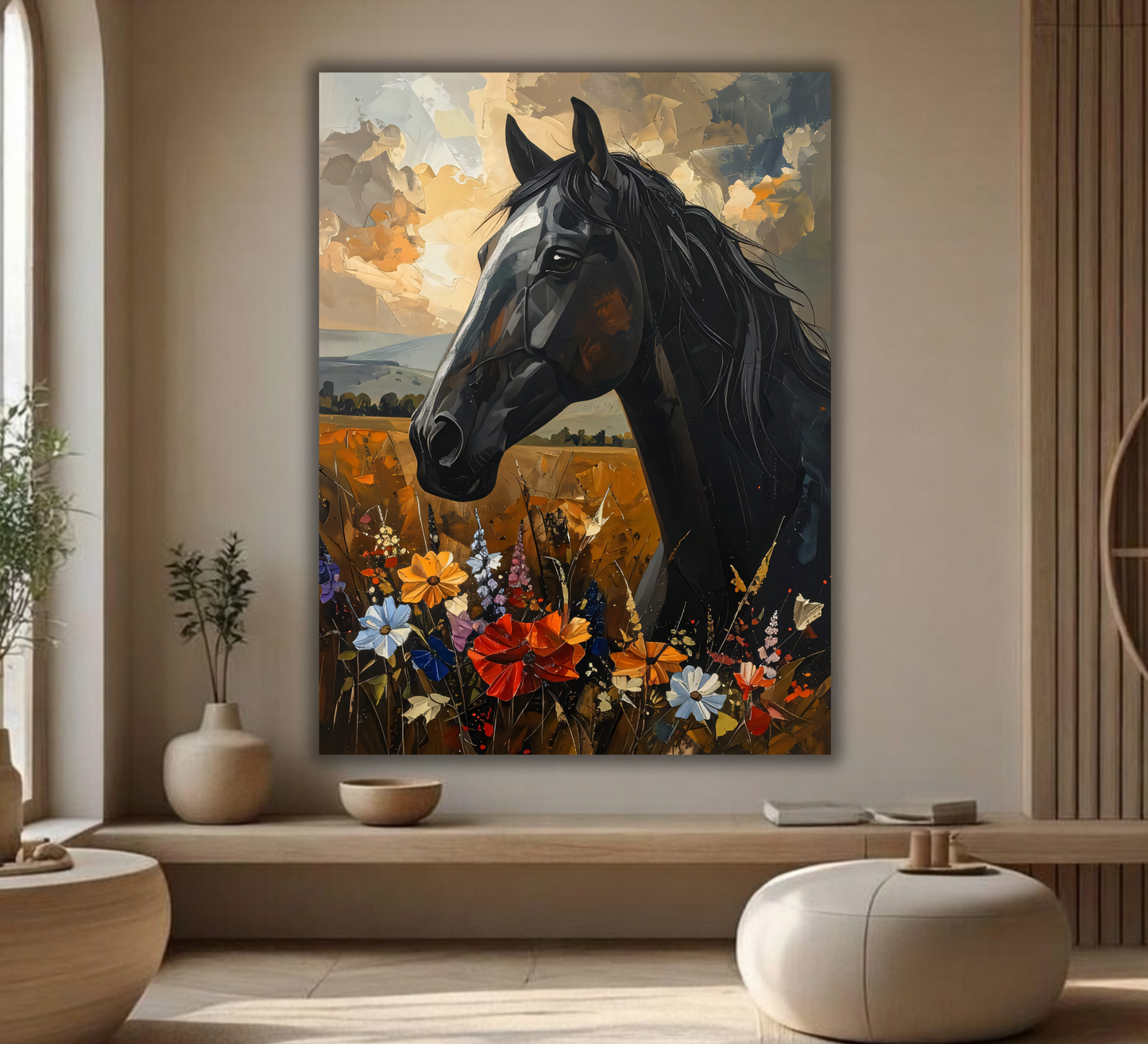 Sovereign Spirit: Abstract Expressionist Black Horse Canvas Art