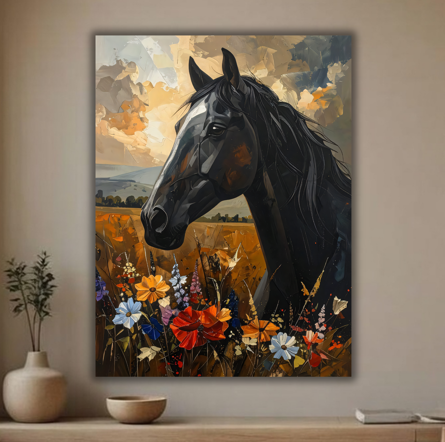 Sovereign Spirit: Abstract Expressionist Black Horse Canvas Art