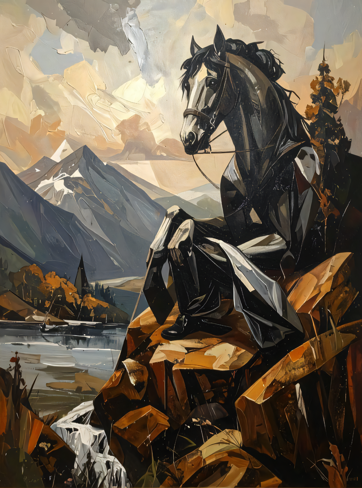 Alpine Sentinel: Cubist Expressionist Stallion Canvas Art