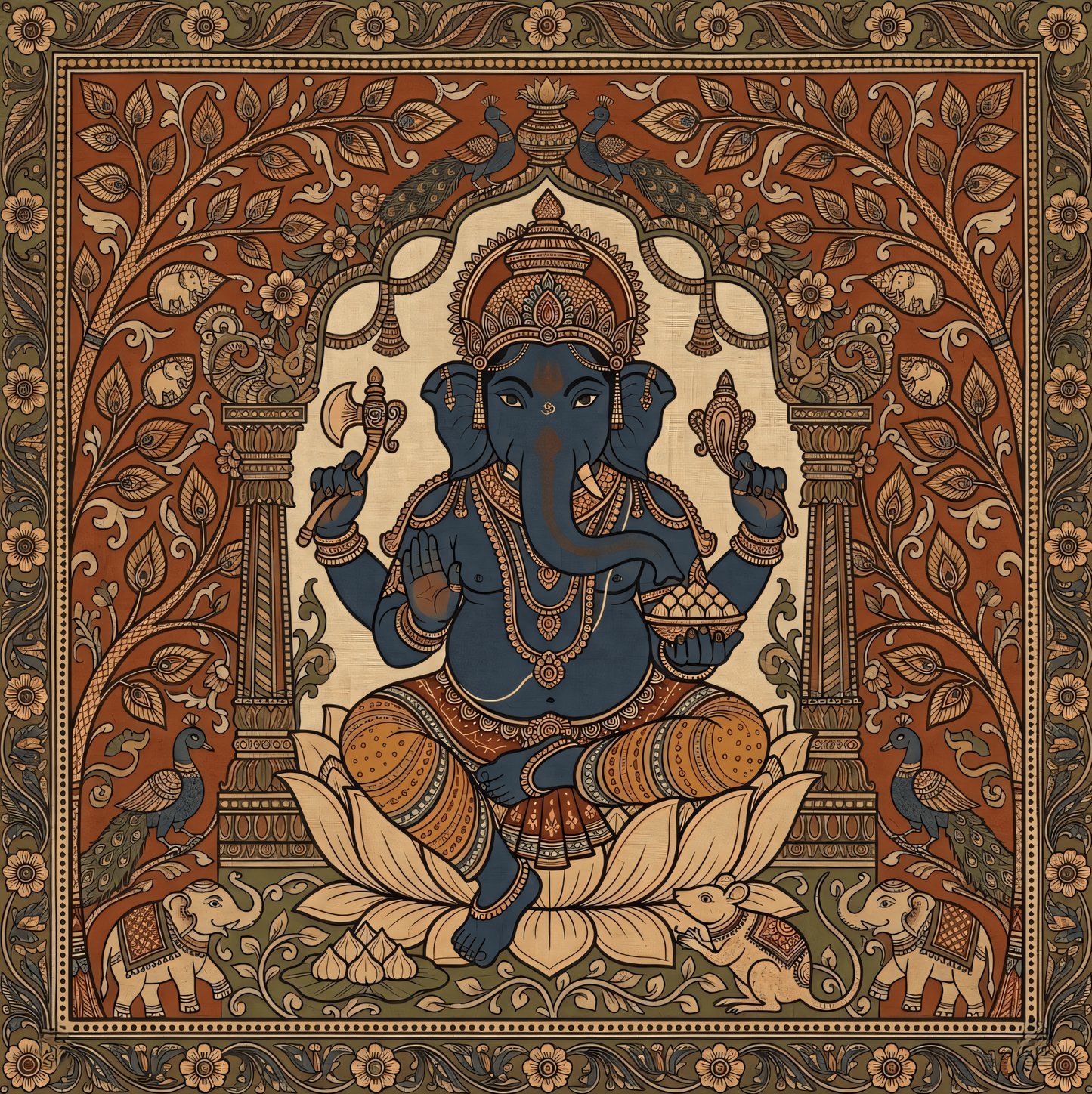 Divine Sanctuary: Premium Detailed Folk-Inspired Ganesha Throne Canvas Print