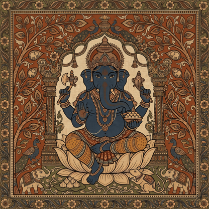 Divine Sanctuary: Premium Detailed Folk-Inspired Ganesha Throne Canvas Print
