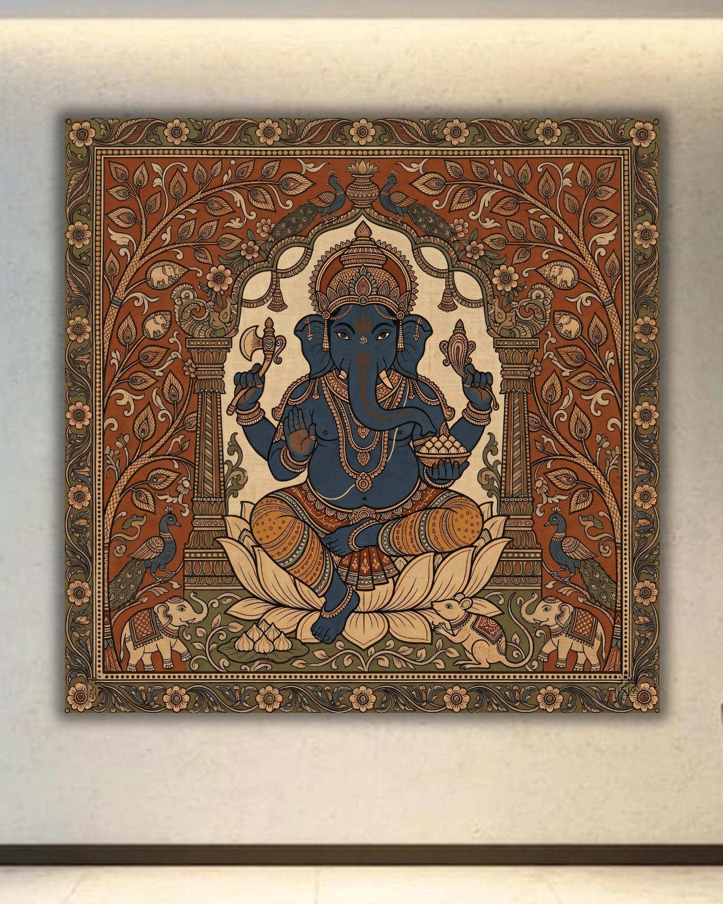 Divine Sanctuary: Premium Detailed Folk-Inspired Ganesha Throne Canvas Print