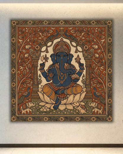 Divine Sanctuary: Premium Detailed Folk-Inspired Ganesha Throne Canvas Print