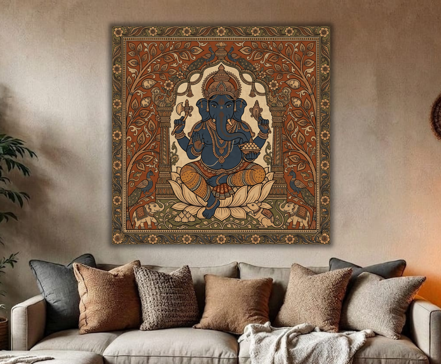 Divine Sanctuary: Premium Detailed Folk-Inspired Ganesha Throne Canvas Print