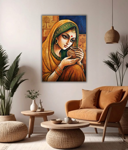 Traditional Indian Village Woman Canvas Wall Art - Ethnic Folk Portrait Print