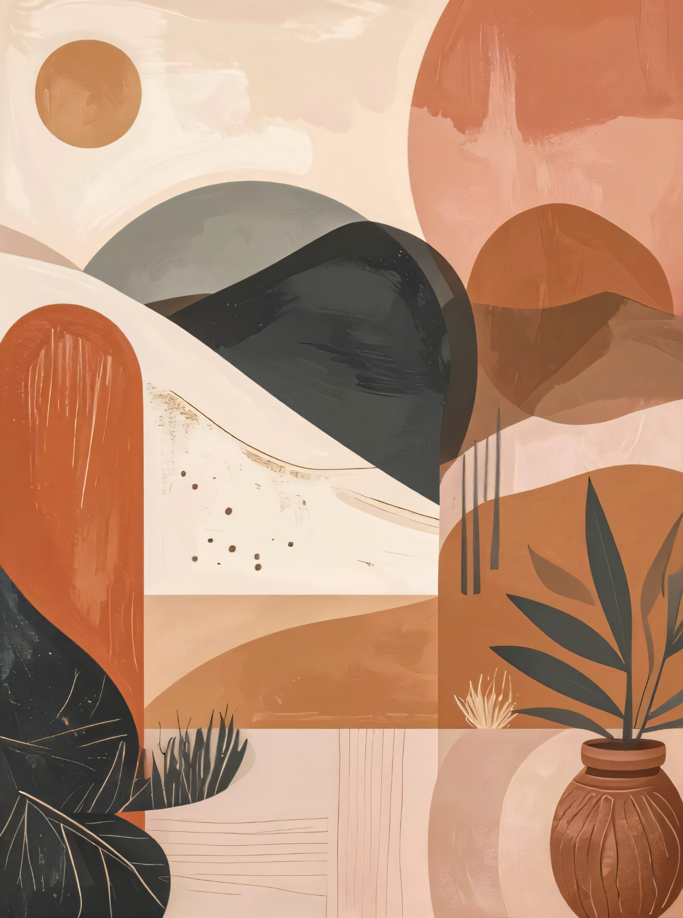 Minimalist Abstract Boho Landscape Canvas Wall Art Set of 2 - Textured Terracotta Sun & Potted Botanical Painting Prints