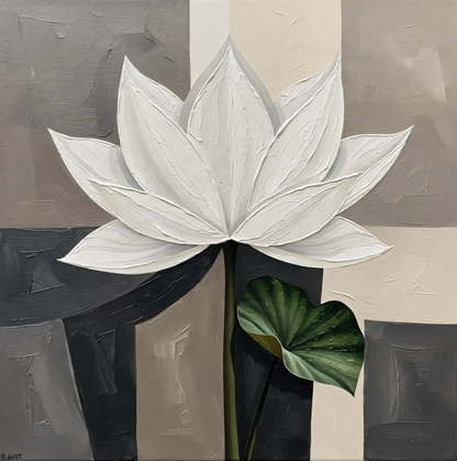 Modern White Lotus Flower Canvas Print - Textured Impasto Botanical Wall Art (Beige or Slate Grey)