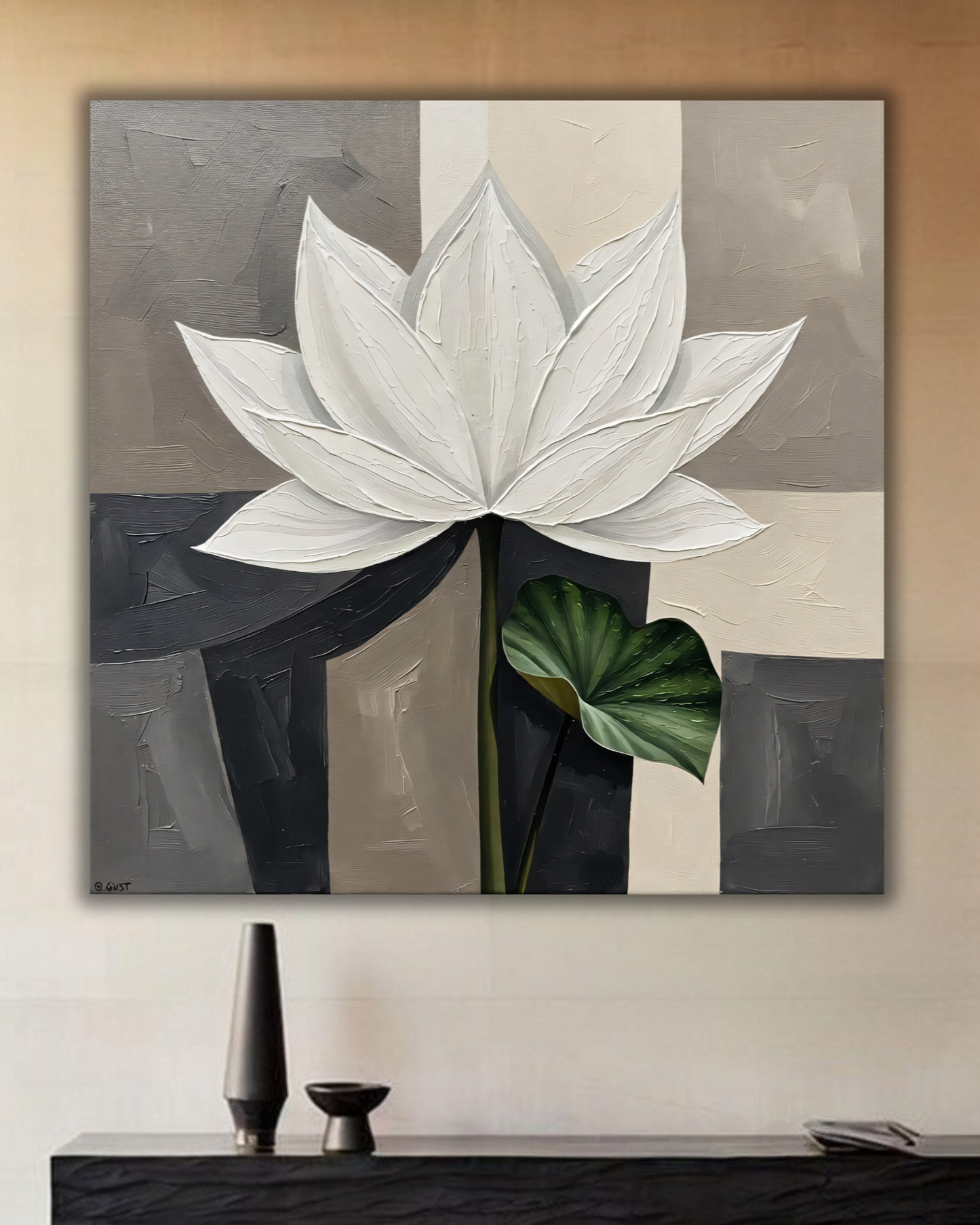 Modern White Lotus Flower Canvas Print - Textured Impasto Botanical Wall Art (Beige or Slate Grey)